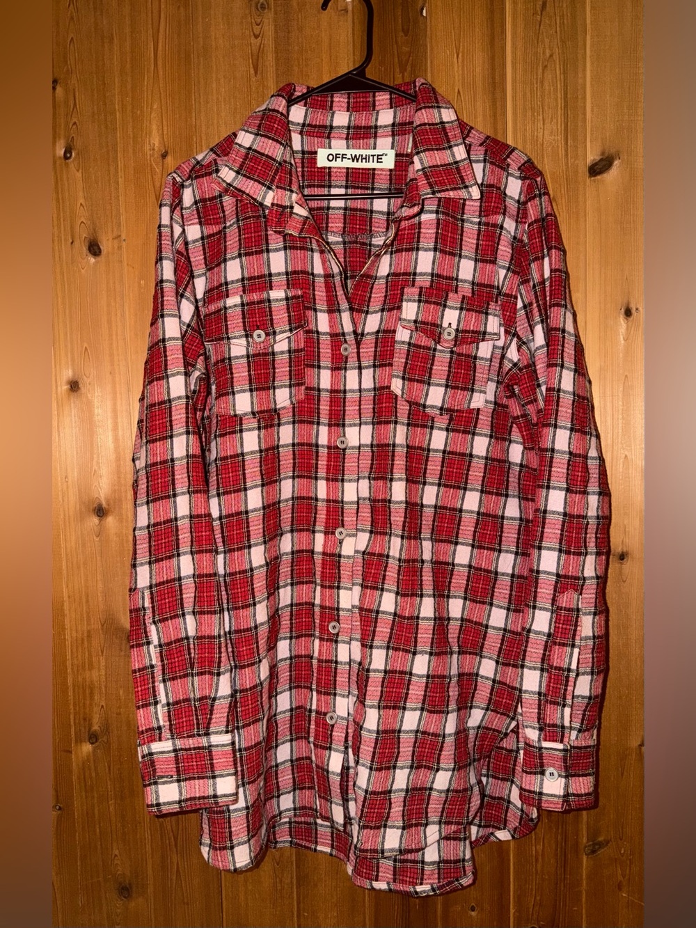 Off White Red & White Checkered Wool & Cotton Button Down Oversized Long Shirt